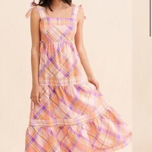 Anthropologie Pink and Orange Plaid Maxi Dress